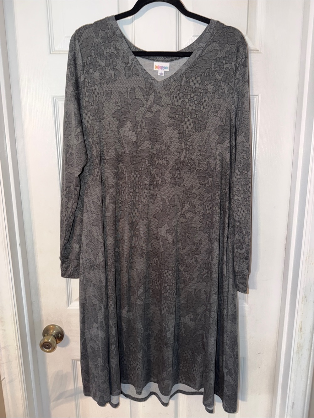 LuLaRoe Emily dress, Charcoal Gray background, blk floral pattern, Large, NEW